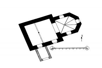 půdorys kostela (© Jan Sommer a Kristina Uhlíková (ed.): Fontes historiae artium XIV: Soupis památek historických a uměleckých v politickém okresu ledečském. Edice nedokončeného rukopisu, Artefactum, Praha 2010)