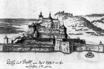 hrad od jihu kolem r. 1670 (© fotorepro M. Plaček, M. Bóna: Encyklopedie slovenských hradů, Libri, Praha 2007)