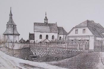 dobová kresba zachycující podobu kostela před jeho rozšířením v r. 1896 (© J. Kubát, konec 19. stol.)