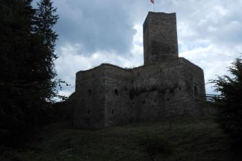 Známý pohled na hrad Orlík, jehož dominantu tvoří velmi subtilní věž fungující nejspíše pouze jako hláska či opravdu nouzový bergfrit (© Jan Večeřa, 06/2015)