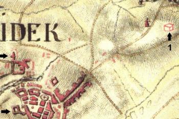 Vyznačení bývalé frýdecké šibenice na 1. vojenském mapování ze 60. let 18. století ( © Jan P. Štěpánek 2009 dle © 1st (2nd ) Military Survey, Section No. xy, Austrian State Archive/Military Archive, Vienna © Laboratoř geoinformatiky Univerzita J.E. Purkyně - http://www.geolab.cz © Ministerstvo životního prostředí ČR - http://www.env.cz)