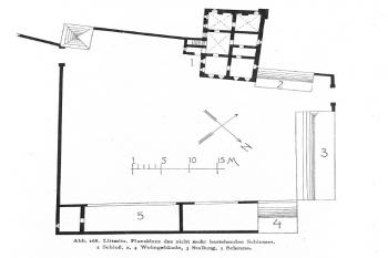 Půdorys zámku od Antona Gnirse z knihy Topographie der historischen und kunstgeschichtlichen Denkmale in Böhmen XLIII. Der politische Bezirk Elbogen, Prag 1927 (Anton Gnirs, 1927)