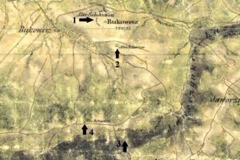 šance Džolek, vyznačené pod názvem Alte Schanze (č. 3) na mapě 2. vojenského mapování ze 30. let 19. století (© Jan P. Štěpánek 2009 dle © 1st (2nd ) Military Survey, Section No. xy, Austrian State Archive/Military Archive, Vienna © Laboratoř geoinformatiky Univerzita J.E. Purkyně - http://www.geolab.cz © Ministerstvo životního prostředí ČR - http://www.env.cz)