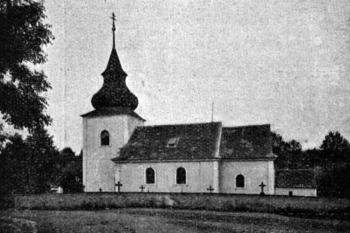 pohled od jihu na počátku 20. století (© Antonín Podlaha: Posvátná místa království Českého; Díl 1. Vikariáty: Českobrodský, Černokostelecký, Mnichovický a Prosecký, Dědictví sv. Jana Nepomuckého, Praha 1907)