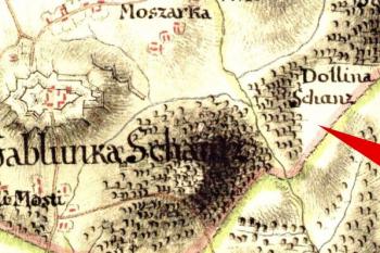 Vyznačení místa šancí na I. vojenském mapování z konce 18. století (© 1st (2nd ) Military Survey, Section No. xy, Austrian State Archive/Military Archive, Vienna)