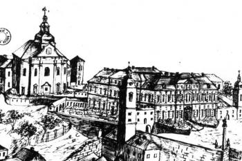 kostel se zámkem od západu na perokresbě z konce 18. století (© Ivo Kořán: Santini ve východních Čechách, Umění XXII/2, Academia, Praha 1974)