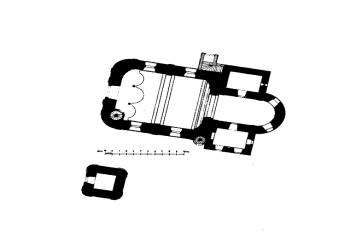 půdorys kostela se zvonicí (© Zdeněk Wirth: Soupis památek historických a uměleckých v Království Českém, sv. 16 Politický okres vysokomýtský, Archaelogická komise při České akademii císaře Františka Josefa pro vědy, slovesnost a umění, Praha 1902)