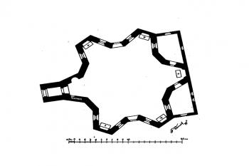 půdorys kostela (© Karel Hostaš, Ferdinand Vaněk: Soupis památek historických a uměleckých v Království Českém, sv. 12 Politický okres Sušický, Archaelogická komise při České akademii císaře Františka Josefa pro vědy, slovesnost a umění, Praha 1900)
