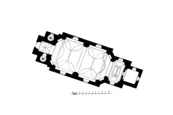 půdorys kostela (© Antonín Cechner: Soupis památek historických a uměleckých v Království Českém, sv. 39 Politický okres rakovnický, II. díl, Archaelogická komise při České akademii císaře Františka Josefa pro vědy, slovesnost a umění, Praha 1913)