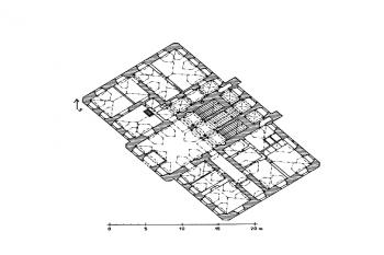 Plán přízemí zámku z 50. let 20. stol. (© J. Úlovec podle originálu SOkA Česká Lípa (in F. Musil, M. Plaček, J. Úlovec: Zaniklé hrady, zámky a tvrze Čech, Moravy a Slezska po roce 1945, Libri, Praha 2005))