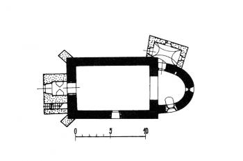 půdorys kostela (© B. Samek: Umělecké památky Moravy a Slezska, část 1. [A/I], Academia, Praha 1994)