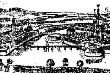 zámek s městem od východu na kresbě z roku 1688 ( © anon. (in Petr Vorel: Páni z Pernštejna, vzestup a pád rodu zubří hlavy v dějinách Čech a Moravy, Rybka Publishers, Praha 1999))