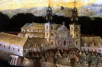 jezuitský klášter na výřezu z městské veduty, cca 1720 (© sbírky Slováckého Muzea Uherské Hradiště (fotorepro: Jiří  Čoupek a kol.: Uherské Hradiště: královské město na řece Moravě. Město Uherské Hradiště, 2007))