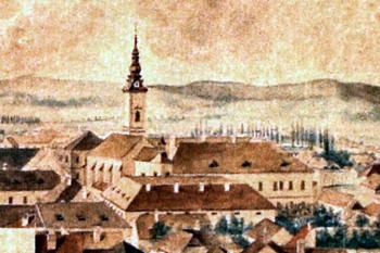 klášter na výřezu z veduty neznámého autora ze 70. let 19. století (© sbírky Slováckého muzea (in kol.: Uherské Hradiště, královské město na řece Moravě, Město Uherské Hradiště, 2007))