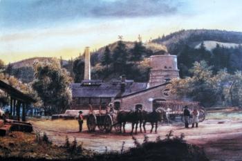 kresba podoby bývalé hutě z roku 1855 (© informační tabule u místa bývalé hutě)