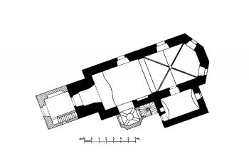 půdorys kostela (© Antonín Podlaha: Soupis památek historických a uměleckých v Království Českém, sv. 35 Politický okres benešovský, Archaelogická komise při České akademii císaře Františka Josefa pro vědy, slovesnost a umění, Praha 1911)