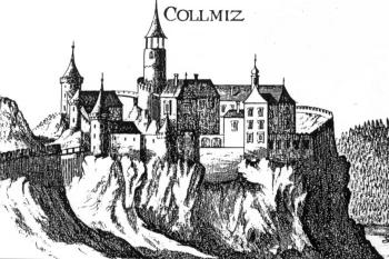 ještě stojící hrad na vedutě G. M. Vischera z roku 1672 (© fotorepro: Miroslav Plaček: Povrchový průzkum méně známých sídel šlechty rakouského horního Podyjí, Archaeologica historica 34/2009, Muzejní a vlastivědná společnost v Brně, Brno 2009)