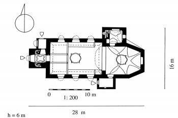 půdorys kostela (© Iwona Rybka-Ceglecka, Karta ewidencyjna zabytków architektury i budownictwa, Ośrodek dokumentacji zabytków w Warszawie, 2001; https://zabytek.pl/pl/obiekty/gniewoszow-kosciol-filialny-pw-sw-michala-archaniola/)