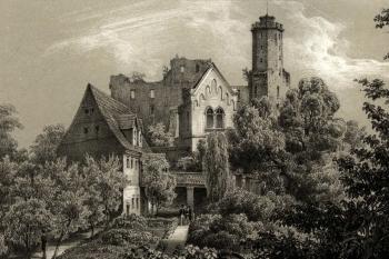 Hrad na litografii z poloviny 19. století (© Ferdinand Koska, nakl. Eduard Trewendt ; Lithographische Anstalt von Mercier & Loeillot in Berlin (via Śląska biblioteka cyfrowa, http://www.sbc.org.pl))