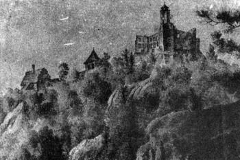 Pohled na hrad od jihu, na počátku 19. století (© Jerzy Rozpędowski: Zamek Grodno w Zagórzu Śląskim i zamki Nowy Dwór, Radosno, Rogowiec, Zakład narodowy im. Ossolińskich, Wrocław 1960)