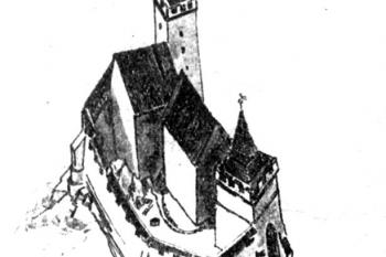 Pokus o rekonstrukci stavu v 15. století (© Jerzy Rozpędowski: Zamek Grodno w Zagórzu Śląskim i zamki Nowy Dwór, Radosno, Rogowiec, Zakład narodowy im. Ossolińskich, Wrocław 1960)