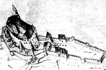 Rekonstrukce renesanční podoby hradu na konci 16. století (© Jerzy Rozpędowski: Zamek Grodno w Zagórzu Śląskim i zamki Nowy Dwór, Radosno, Rogowiec, Zakład narodowy im. Ossolińskich, Wrocław 1960)
