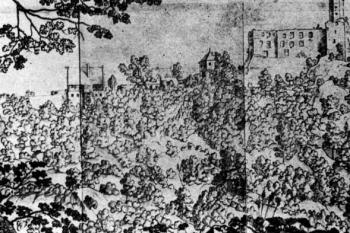 Pohled na hrad od jihu, na litografii z počátku 19. století (© Jerzy Rozpędowski: Zamek Grodno w Zagórzu Śląskim i zamki Nowy Dwór, Radosno, Rogowiec, Zakład narodowy im. Ossolińskich, Wrocław 1960)