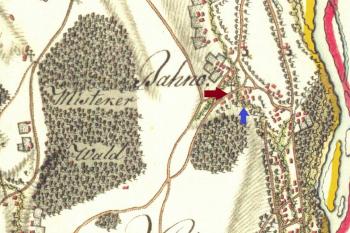 Vyznačení drobného sakrálního objektu na mapě 1. vojenského mapování ze 60. let 18. století (© Jan P. Štěpánek s využitím oldmaps.geolab.cz)