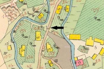 Vyznačení drobného sakrálního objektu na mapě stabilního katastru Místku z roku 1833 (© Jan P. Štěpánek s využitím http://archivnimapy.cuzk.cz/)