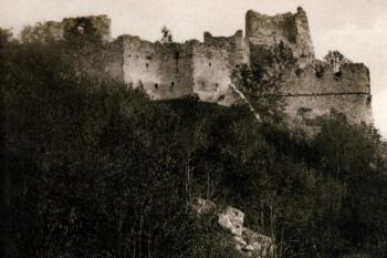pohled od severovýchodu na historické pohlednici z přelomu 19. a 20. stol. (© reprofoto: Slámka, Miroslav (ed.): Krajina hradov: slovenské hrady na starých pohľadniciach, IGES, Pezinok 2010)