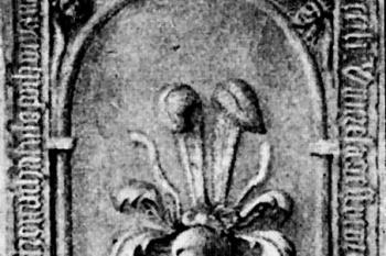 znakový náhrobník Anny Hruškové z Března († 1562) manželky Jana Štampacha ze Štampachu (© Antonín Podlaha: Soupis památek historických a uměleckých v Království Českém, sv. 06 Politický okres mělnický, Archaelogická komise při České akademii císaře Františka Josefa pro vědy, slovesnost a umění, Praha 1899)