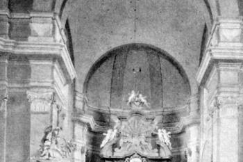 interiér kostela na konci 19. století (© Antonín Podlaha: Soupis památek historických a uměleckých v Království Českém, sv. 06 Politický okres mělnický, Archaelogická komise při České akademii císaře Františka Josefa pro vědy, slovesnost a umění, Praha 1899)