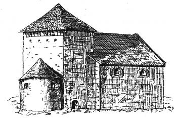kostel od severovýchodu před zbořením lodi r. 187 (© A. Prokop : Die Markgraftschaft Mähren in kunstgeschichtlichen Beziehung, Band I-IV, R.  Spies & Co. Verlag, Wien 1904)