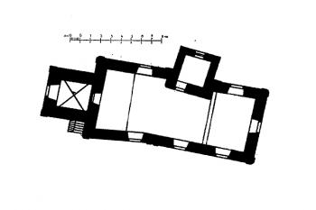 půdorys kostela (© Antonín Podlaha: Soupis památek historických a uměleckých v Království Českém, sv. 24 Politický okres českobrodský, Archaelogická komise při České akademii císaře Františka Josefa pro vědy, slovesnost a umění, Praha 1907)