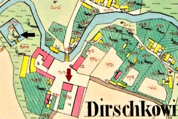 Vyznačení tvrziště a zámečku na mapě stabilního katastru z roku 1836 ( © Zeměměřický úřad)