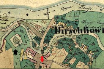 Vyznačení tvrziště a zámečku na indikační skice k mapě stabilního katastru z roku 1836 ( © Zeměměřický úřad)