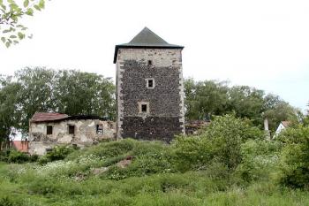 celkový pohled - tvrz v popředí, za ní trosky správní budovy ( © Pavel Zany Komárek 04/2004)