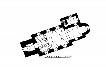 půdorys kostela (© Josef Soukup: Soupis památek historických a uměleckých v Království Českém, sv. 18 Politický okres Pelhřimovský, Archaelogická komise při České akademii císaře Františka Josefa pro vědy, slovesnost a umění, Praha 1903)