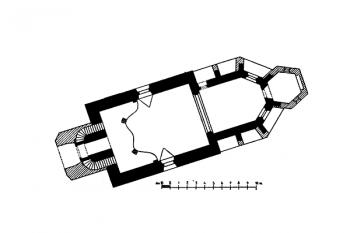 půdorys kostela (© Antonín Podlaha, Eduard Šittler: Soupis památek historických a uměleckých v Království Českém, sv. 15 Politický okres Karlínský, Archaelogická komise při České akademii císaře Františka Josefa pro vědy, slovesnost a umění, Praha 1903)