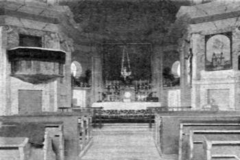 interiér kostela na počátku 20. století (© Antonín Podlaha: Posvátná místa království Českého; Díl 4., Vikariáty: Kolínský a Rokycanský, Dědictví sv. Jana Nepomuckého, Praha 1910)