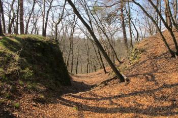 Třetí příkop /pod jádrem/ přes nějž  vedl přístup do přihrádku pod východními hradbami (© Dušan Dohňanský 03/2020)