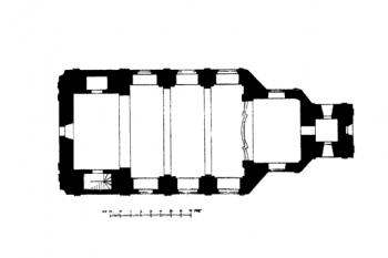půdorys kostela (© Karel B. Mádl: Soupis památek historických a uměleckých v Království Českém, sv. 01 Politický okres Kolínský, Archaelogická komise při České akademii císaře Františka Josefa pro vědy, slovesnost a umění, Praha 1897)
