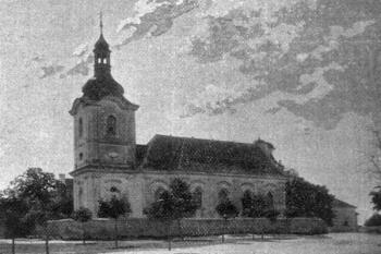 kostel od severovýchodu na počátku 20. století (© Antonín Podlaha: Posvátná místa království Českého; Díl 1. Vikariáty: Českobrodský, Černokostelecký, Mnichovický a Prosecký, Dědictví sv. Jana Nepomuckého, Praha 1907)