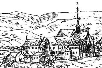 klášter na kresbě J. Willenberga z roku 1602 (výřez) ( © František Kašička: kostel františkánského kláštera v Kadani - jeho počátky a stavební proměny, Průzkumy památek 1997-II, Památkový ústav středních Čech, Praha 1997)