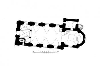 půdorys kostela (© Antonín Cechner: Soupis památek historických a uměleckých v Království Českém, sv. 39 Politický okres rakovnický, II. díl, Archaelogická komise při České akademii císaře Františka Josefa pro vědy, slovesnost a umění, Praha 1913)