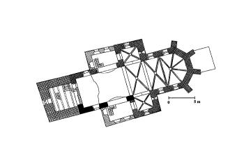 půdorys kostela v úrovni 1. patra věže (© J. Varhaník, J. Adámek: Kostel Narození P. Marie v Kostelci nad Vltavou, Průzkumy památek II/2000, NPÚ ÚOP středních Čech v Praze, Praha 2000)