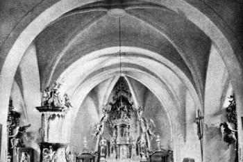 pohled do lodi a presbytáře na konci 19. století (© Antonín Podlaha, Eduard Šittler: Soupis památek historických a uměleckých v Království Českém, sv. 05 Politický okres Milevský, Archaelogická komise při České akademii císaře Františka Josefa pro vědy, slovesnost a umění, Praha 1898)