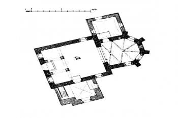 půdorys kostela (© František Mareš, Jan Sedláček: Soupis památek historických a uměleckých v Království Českém, sv. 38 Politický okres Prachatický, Archaelogická komise při České akademii císaře Františka Josefa pro vědy, slovesnost a umění, Praha 1913)