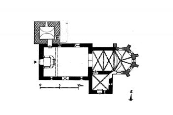 půdorys kostela podle F. Kašičky a B. Nechvátala (© Josef  Smitka: Panská sídla, kostely a špitál ve Velkém Boru u Horažďovic ve světle archivních pramenů a archeologických nálezů, Průzkumy památek II/2000, NPÚ - ÚOP v Praze, Praha 2000)