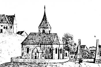 kostel od jihovýchodu na rytině z roku 1833 (© Josef  Smitka: Panská sídla, kostely a špitál ve Velkém Boru u Horažďovic ve světle archivních pramenů a archeologických nálezů, Průzkumy památek II/2000, NPÚ - ÚOP v Praze, Praha 2000)